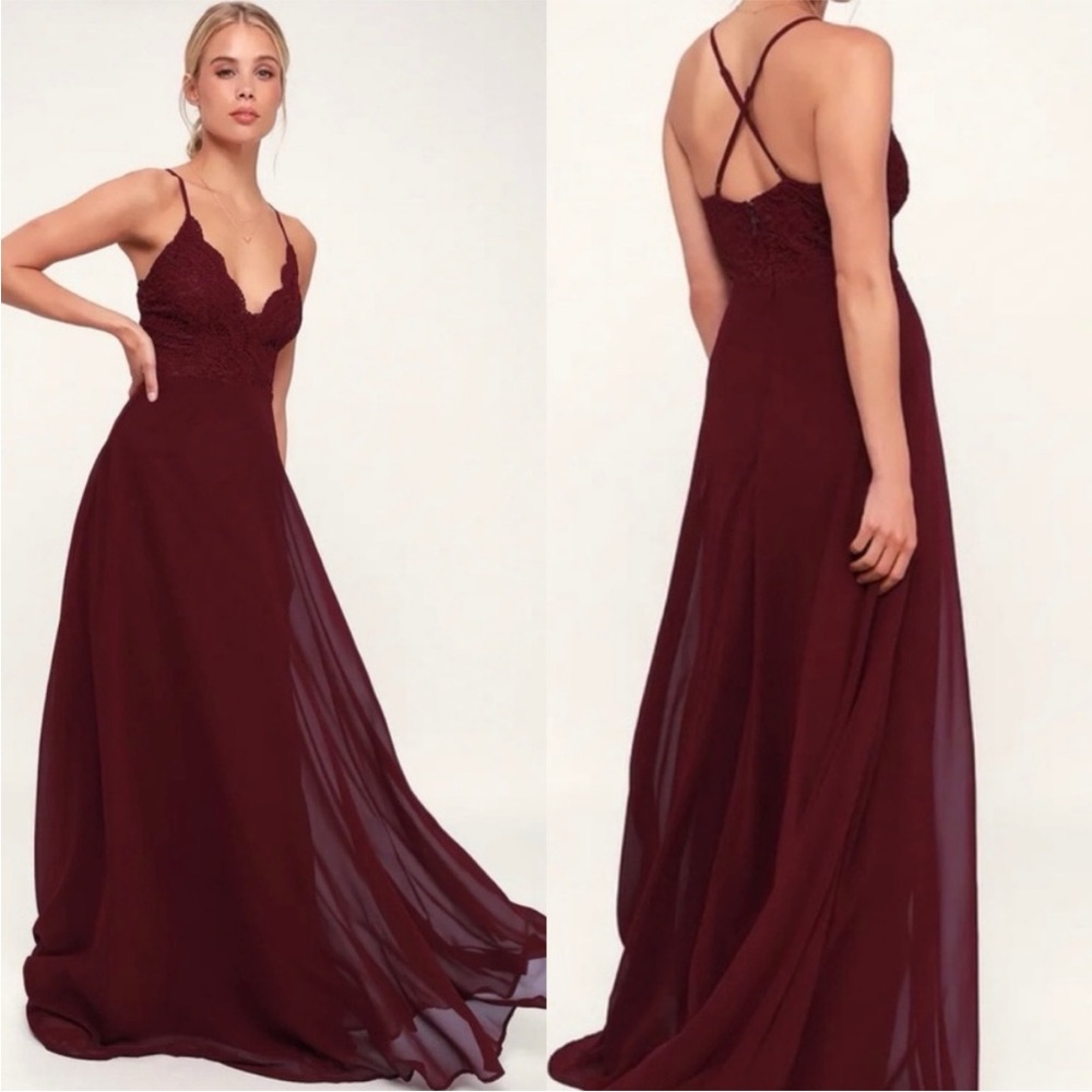 Lulu’s Crochet Lace Top Maxi Dress in Wine Size XL
